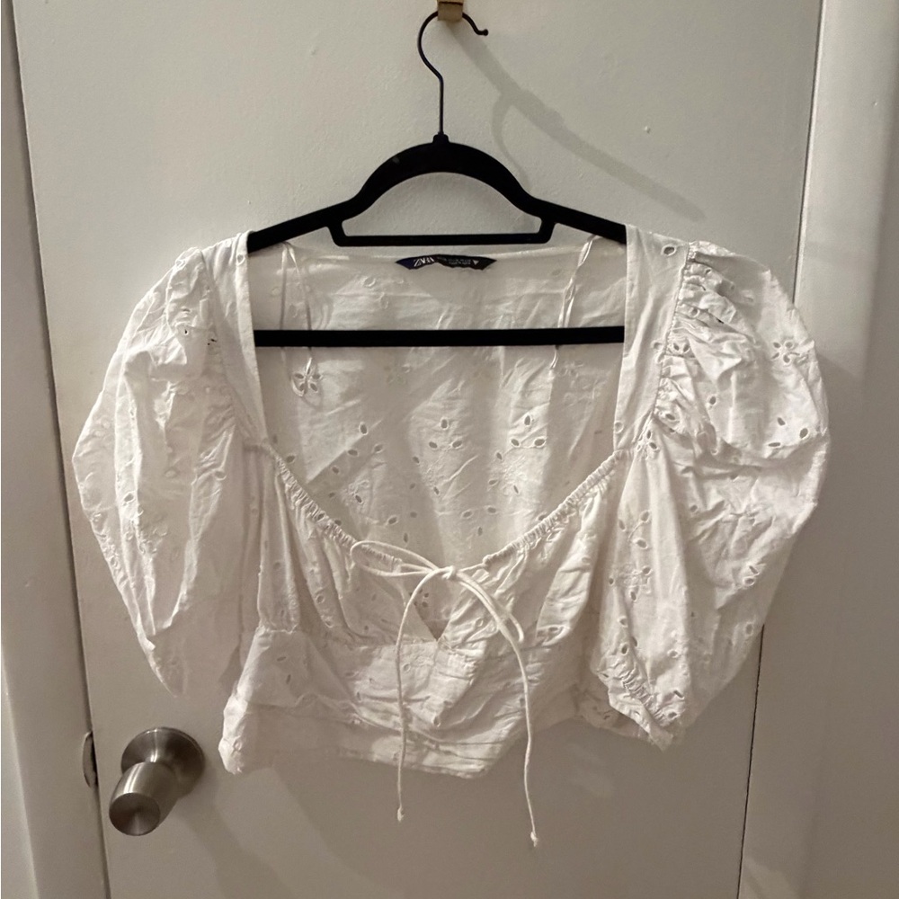 Zara White Eyelet Puff Sleeve Corset Crop Top Size XL